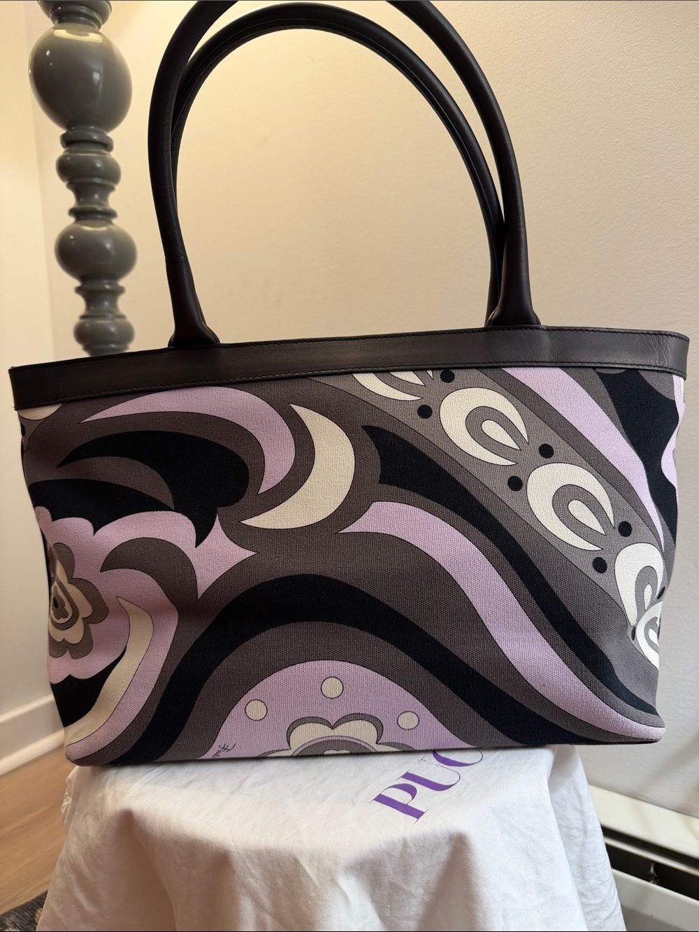 Vintage Emilio Pucci purple black gray and white canvas and leather tote handbag - Picture 9 of 15